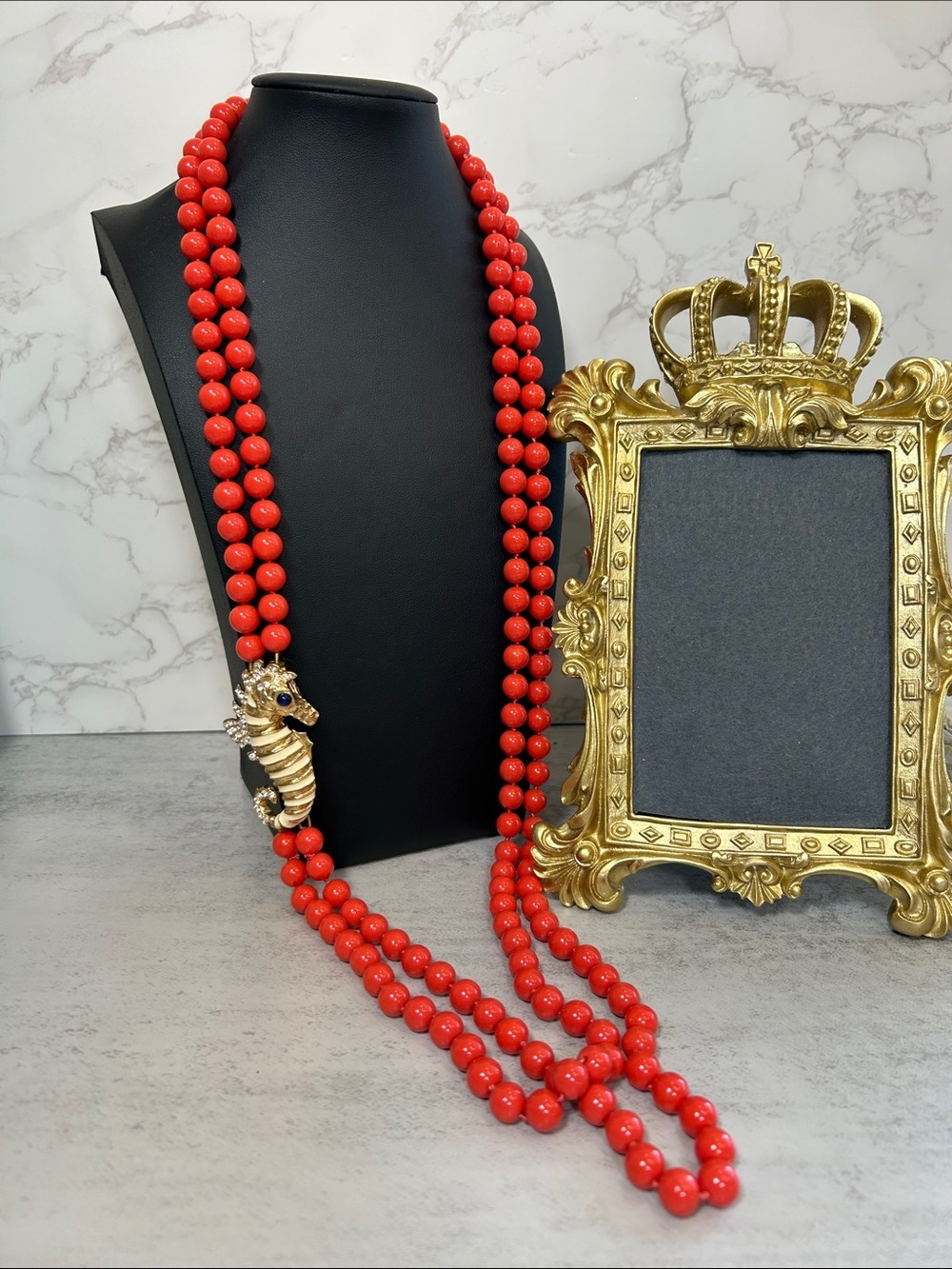 J.Crew Reddish Coral Glass Beaded Long Necklace with Gold Seahorse Accent